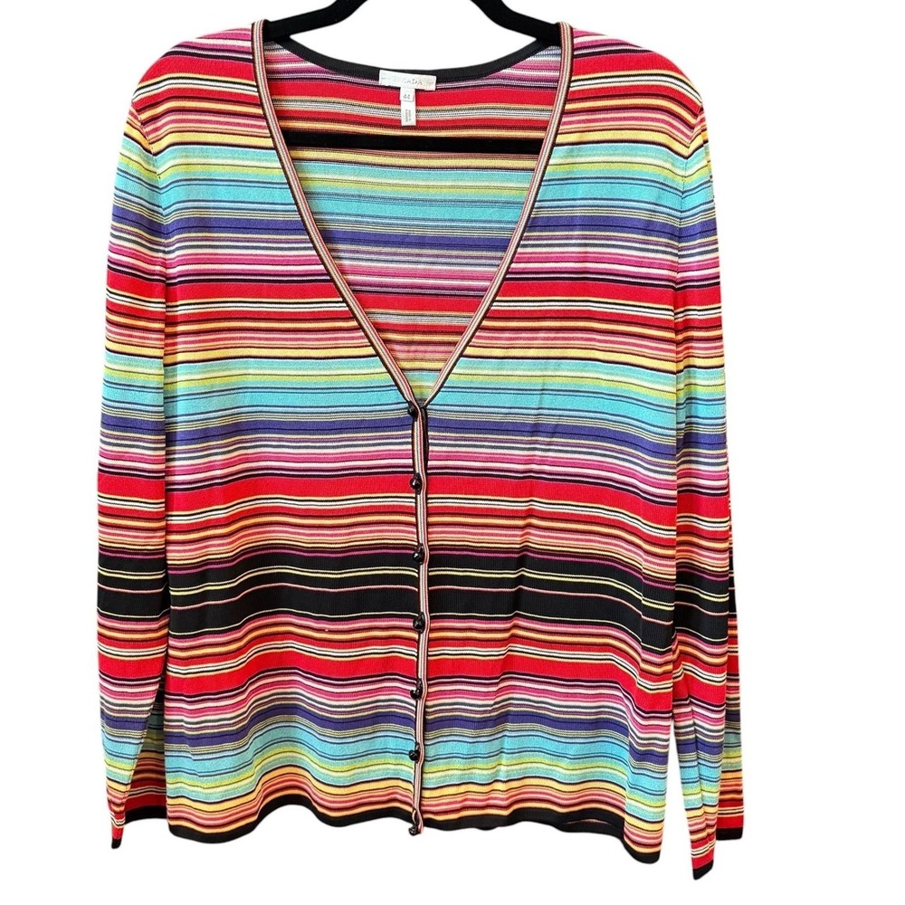 Escada Cardigan Womens Multi Stripe V-Neck Button Up Designer Chic 44/US 12